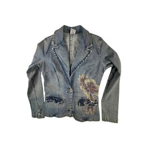 Department of Peace Denim Blazer Women Medium Blue Excellent Beaded Floral‎